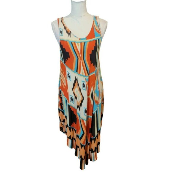 Step in Style Sleeveless Orange & Turquoise Comfy Aztec Vacation Beach Dress - Picture 1 of 4